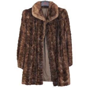 Vintage 70s Custom Made Brown Genuine Fur Coat Mid Length Luxury Winter Collared